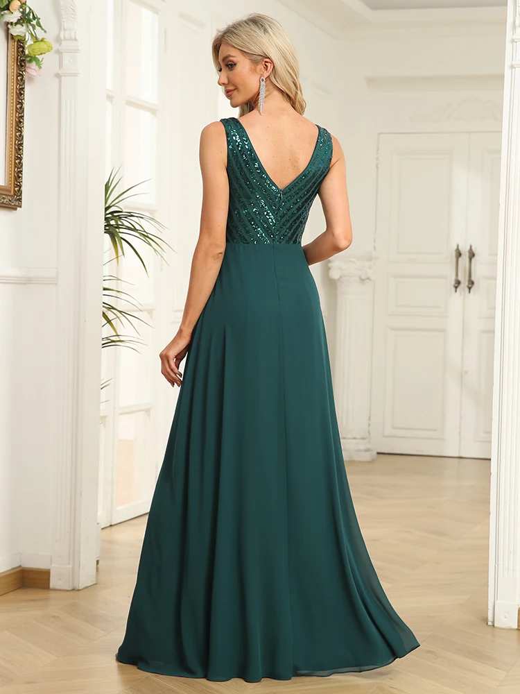 Lucyinlove Elegant Sequrin Evening Dress 2024 Women Chiffon Long Formal Deep V-neck Green Caicktail Wedding Party Prom Dresses