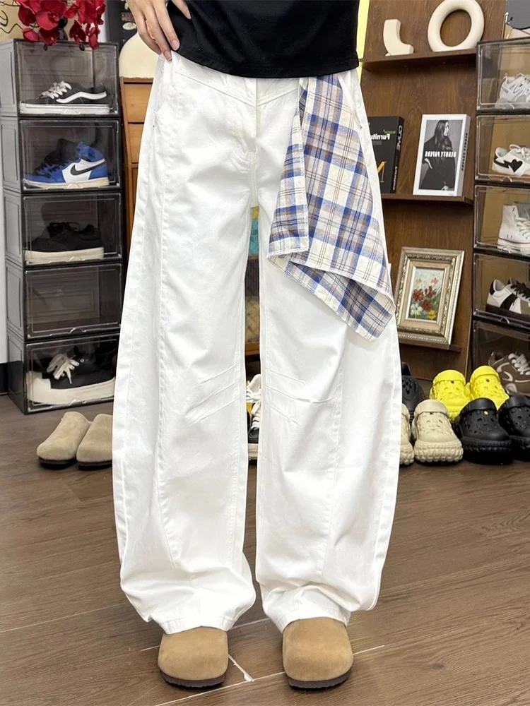 

Белые хлопковые широкие брюки с талией, мужские летние тонкие прямые брюки трапециевидной формы, повседневные прямые брюки-трубы