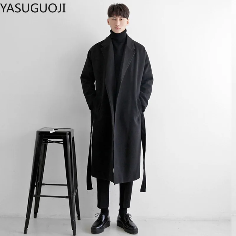 YASUGUOJI Cardigans Blends Coat with Belt Overcoat Male Winter Coat New Black Turn-down Collar Long Coat Men\'s Clothing