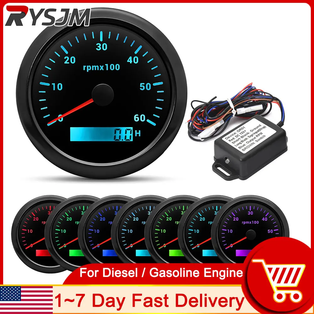 85MM Tachometer 6000 RPM Meter Gasoline Diesel Engine Tach RPM Signal Adapter For Marine Boat Car Truck 12V/24V Meter Sensor