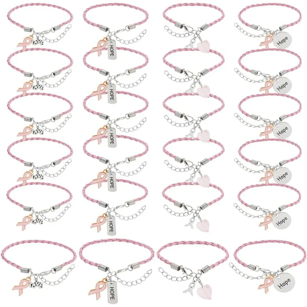 24Pcs Breast Cancer Bracelets Awareness Leather Bracelet, Handmade Pink Ribbon Leather Cords Braided Bracelet Adjustable Hope