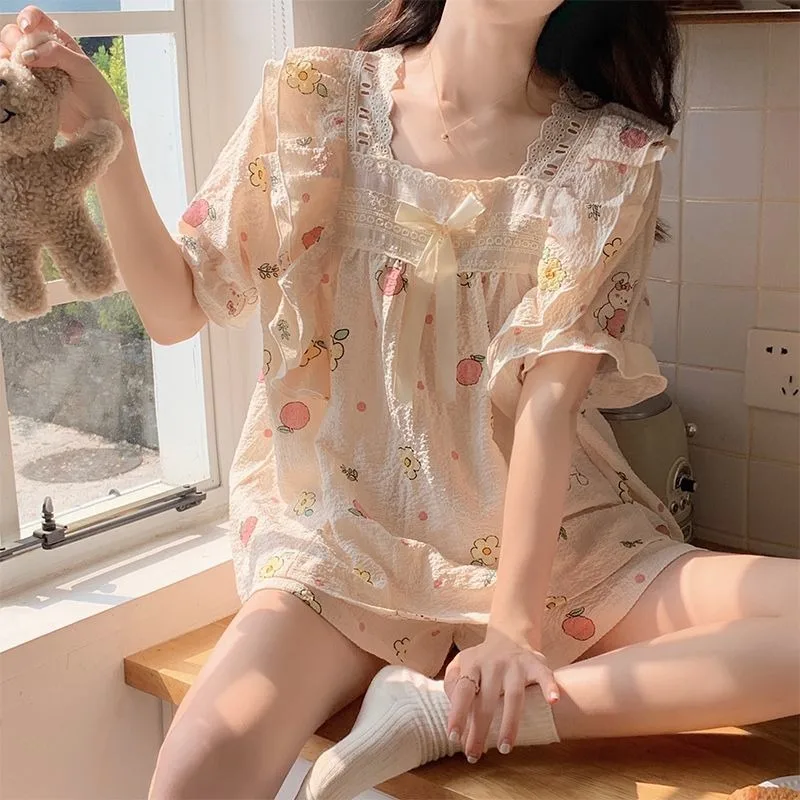 Girl Summer Cute Sweet Loose Pajamas Bubble Wrinkle New Leisure Home Clothes Suit Princess Style Lace Women's Two Pieces Set