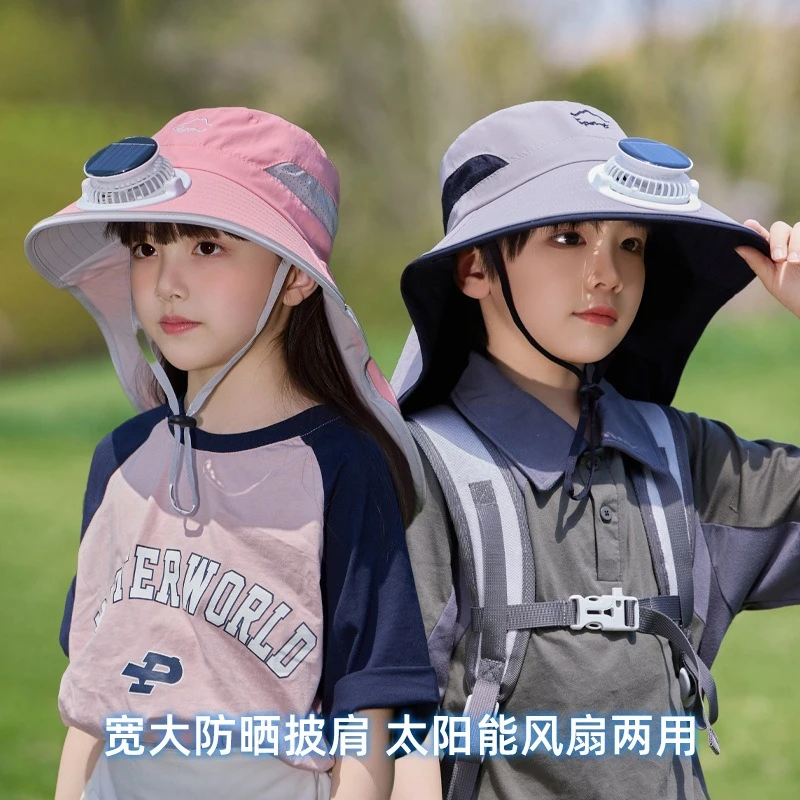 

52-54cm Kids Fan Hat with Solar USB Power, Fishing Gardening Camping Wide Brim Bucket Hats Neck Flap for Boy Girl