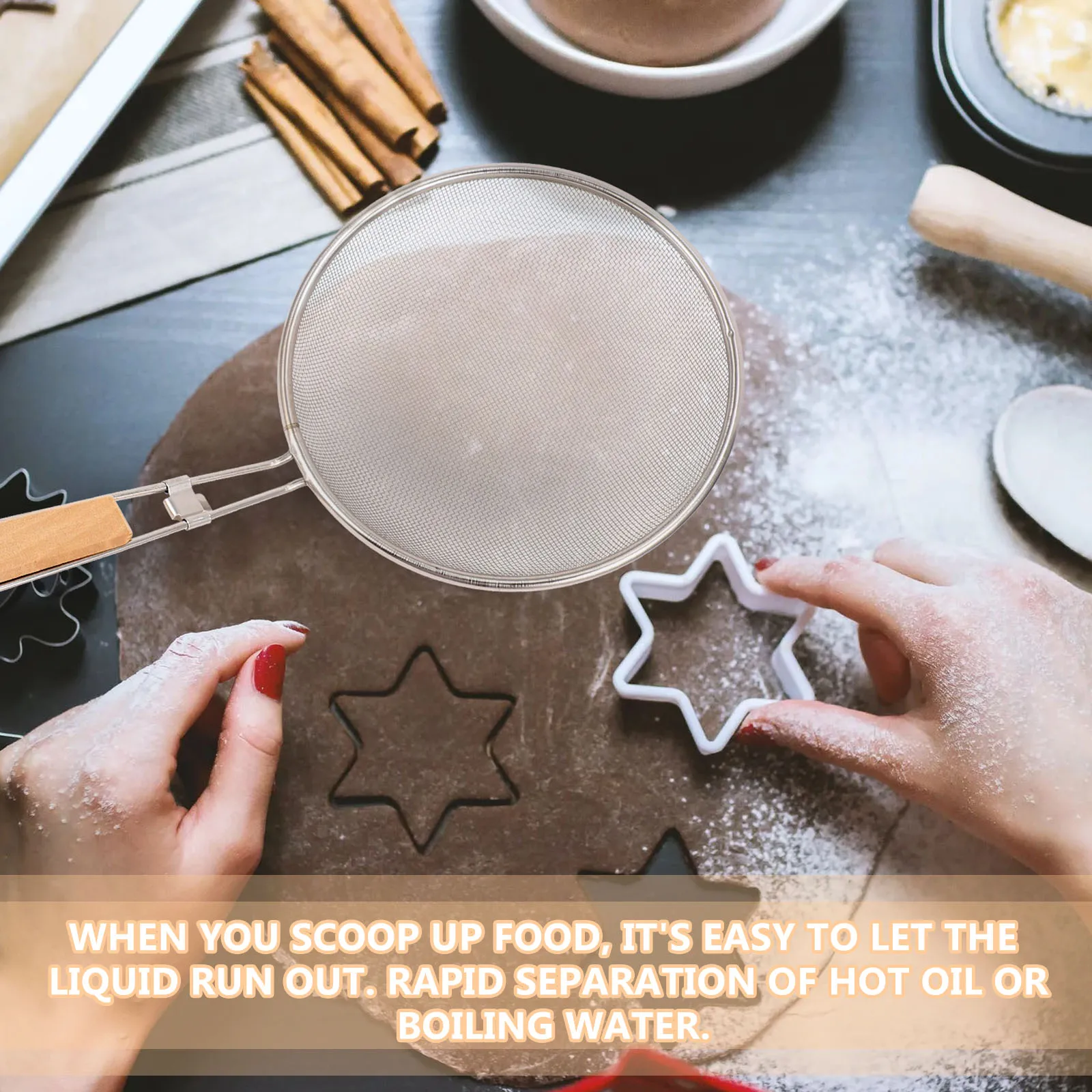 

Stainless Steel Wooden H Skimmer Strainer Kitchen Tool Never Rust Protect Hot Soup Oil Cook Favorite Foods Chips