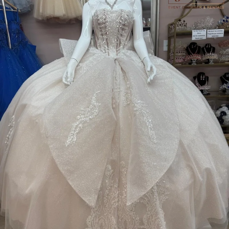 

Shiny Beige Quinceanera Dresses off-shoulder Crystal Glitter Decal Layering Long tail Vestido De 15 Quinceanera Customize