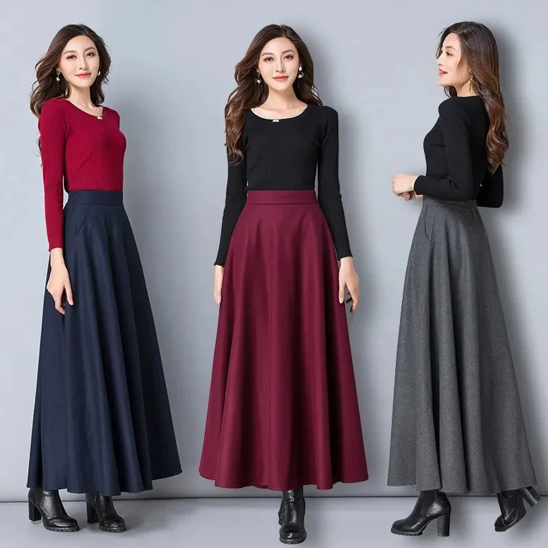 Autumn Winter Women Long Woolen Skirts Autumn Winter Large Size Thicken Skirts High Waist Solid Dance Skirts Ladies Wool Skirts