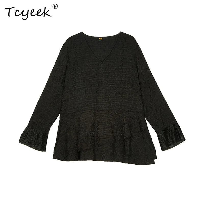 Tcyeek, 19MM 100%Mulberry Silk, Women Peony Jacquard Shirt, V-Neck, Fashion Designed Blouses, 2024 Spring Autumn Tops T49904QM