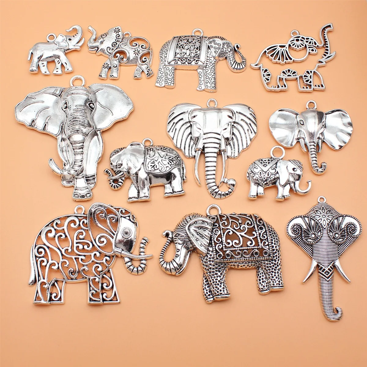 12pcs Antique Silver Color Big Elephant Pendant Charms Collection For DIY Jewelry Making, 12 Styles, 1 of Each