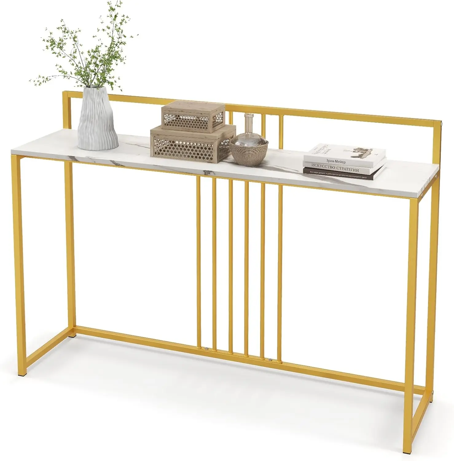 

47"" Console Table, Narrow Sofa Side Table W/White Faux Marble Tabletop & Golden Steel Frame, Space-Saving Foyer Tables For