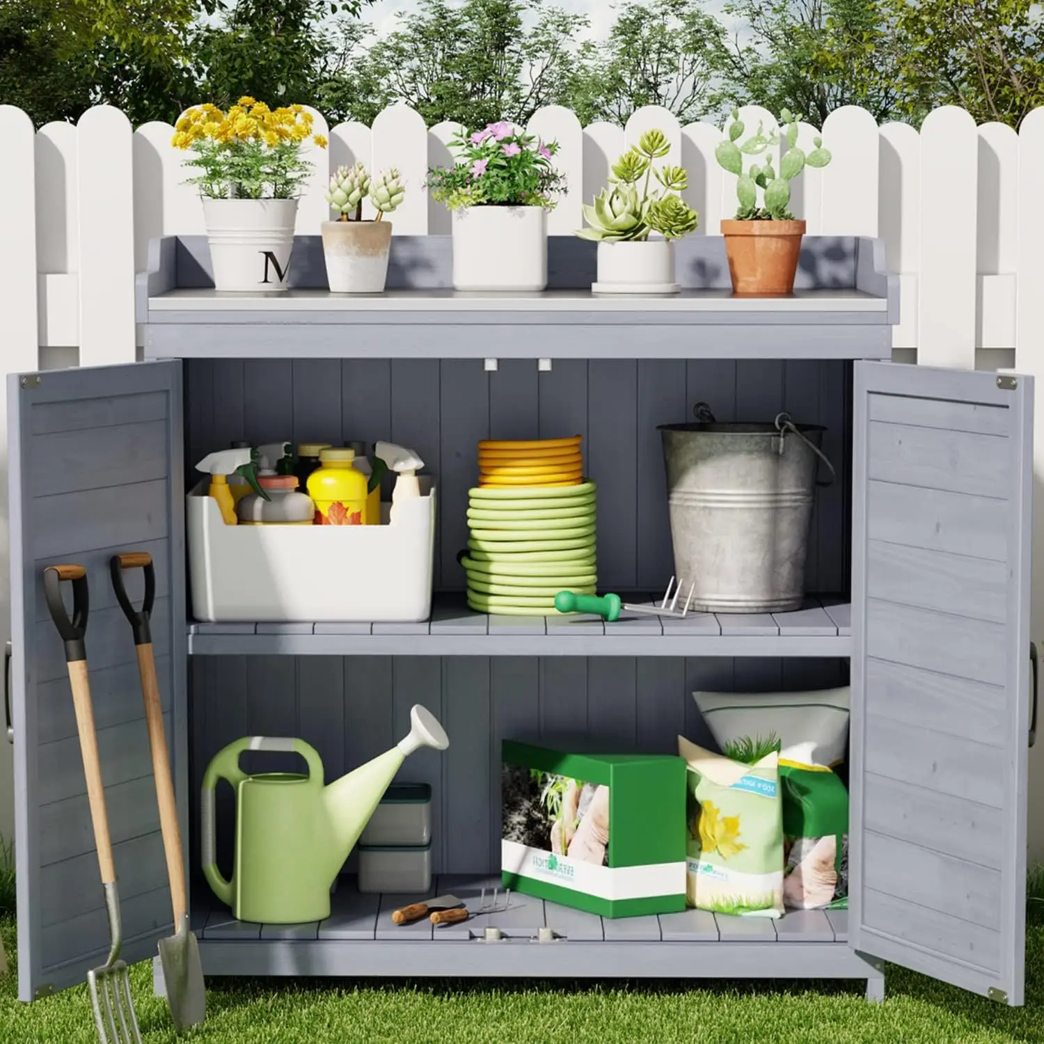 Outdoor Potting Bench with Metal Tabletop, Wooden Cabinet, Grey