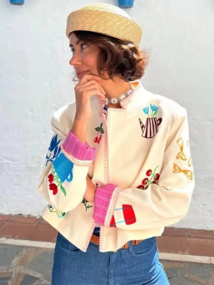 

Куртки с цветами, женские повседневные свободные кардиганы с воротником-стойкой и длинными рукавами, женские топы, новинка 2025, осенняя модная женская куртка, верхняя одежда