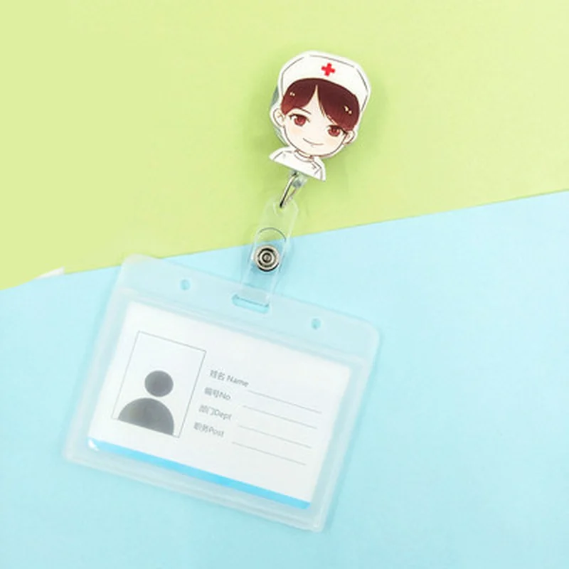 1set Staff Workers Work Card ID Tag Badge Holder with Retractable Cartoon Nurse Doll Badge Reel Horizontal Working Permit