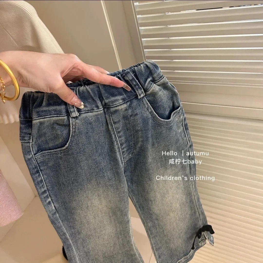 

Girls Denim Jeans Spring Autumn Fashion Children's Butterfly Knot Flared Pants Baby Girls' Clothing Accessory