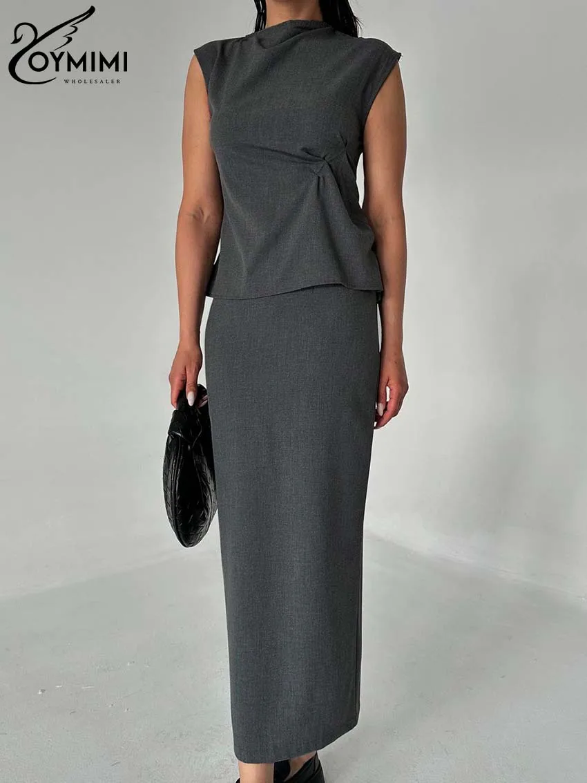 Oymimi Elegant Grey Slim Two Piece Set For Women Fashion O-Neck Sleeveless Button Blouses And Straight Slit Skirts Female Sets