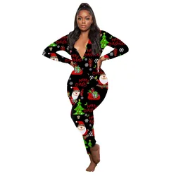 Cute Christmas Design Women Printing Jumpsuit Pajamas Sexy Deep V-Neck Romper Teen Girls Sexy Bodysuit Adult Nightgown Onesies