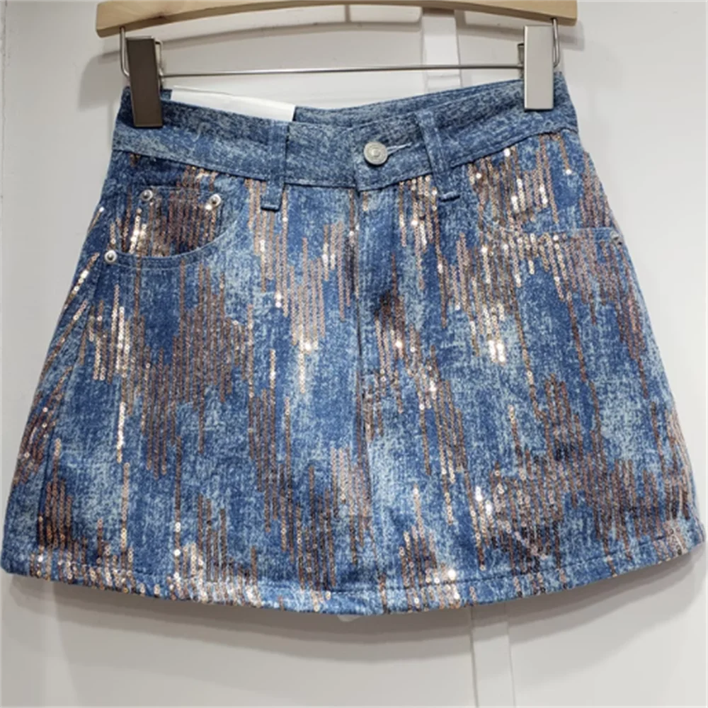 

Sequined denim skirt women 2023 summer high waist a line pencil