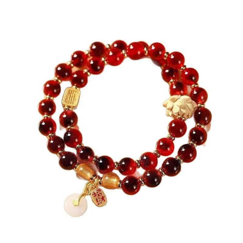 Natural Sugar Heart Agate Bracelet: Ethnic Double-loop Glass Beaded Bracelet with Gold-plated Peace Buckle for Women