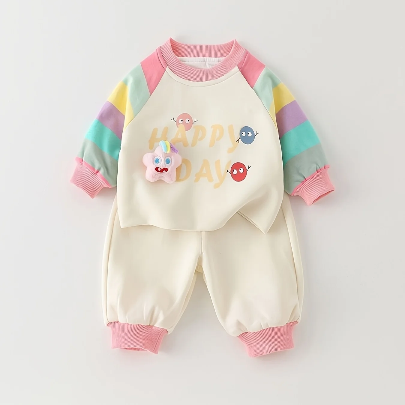 Baby Girl 2Pcs Tracksuit Rainbow Sleeve Sweatshirt Pants Cute Star Decor Toddler Outfit