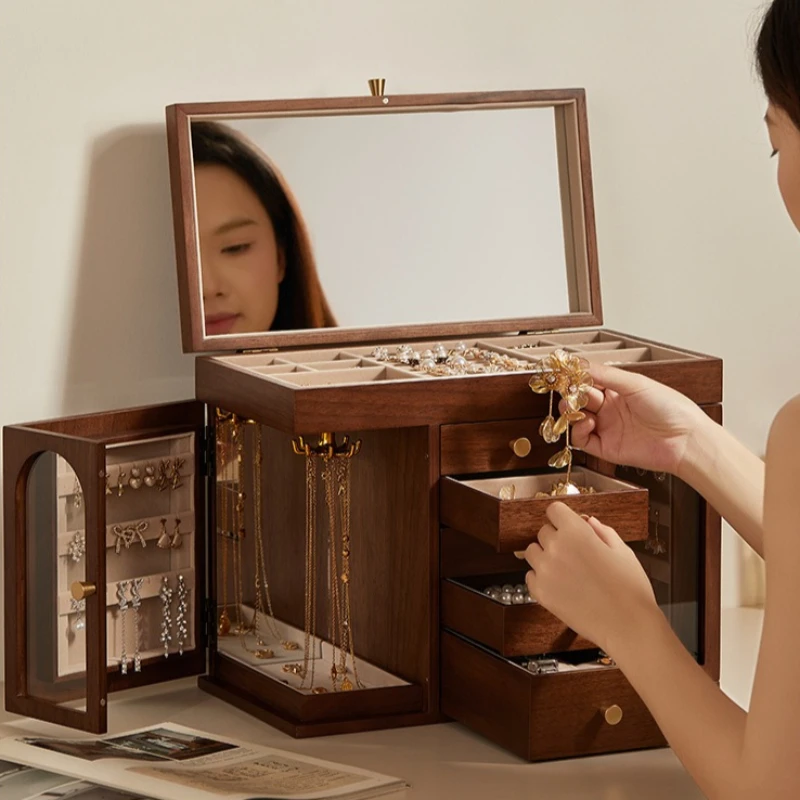 Solid Wood Jewelry Storage Box Large Ring Case Vintage Luxury Drawer Jewelry Organizer Boxes Jeweler Bracelet Cases With Mirror