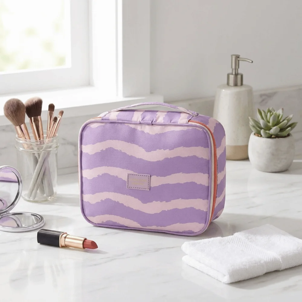 Waterproof Striped Makeup Bag Large Capacity Striped Travel Cosmetic Pouch Handheld Dry Wet Separation Wash Bag