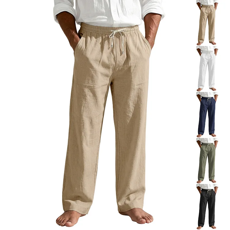 Men's Four Seasons Beach Casual Men's Linen Drawstring Waist Straight Pants Casual Trousers