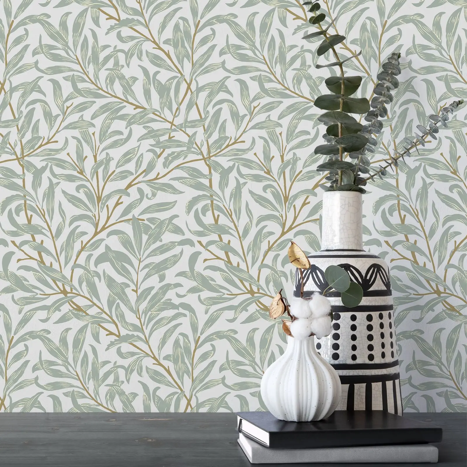 Pastel Green Leaves William Morris Peel & Stick Wallpaper, Antique Vintage Retro Decal, Self Adhesive Wall Paper For Home Decor