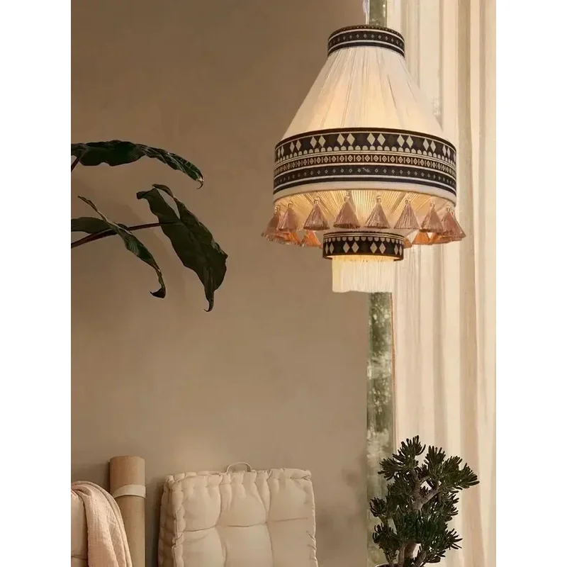 Boho Cotton Rope Pendant Lamp Vintage Tassels Hanging Chandelier For Homestay Shop Living Room Bedroom Home Decor