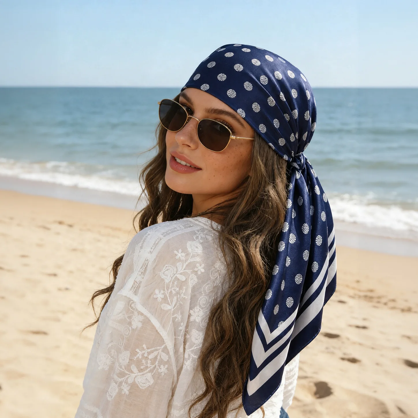 Polka Dot Printed Satin Imitation Silk 90 Square Scarf Simple Thin Outer Wear Shawl Headscarf