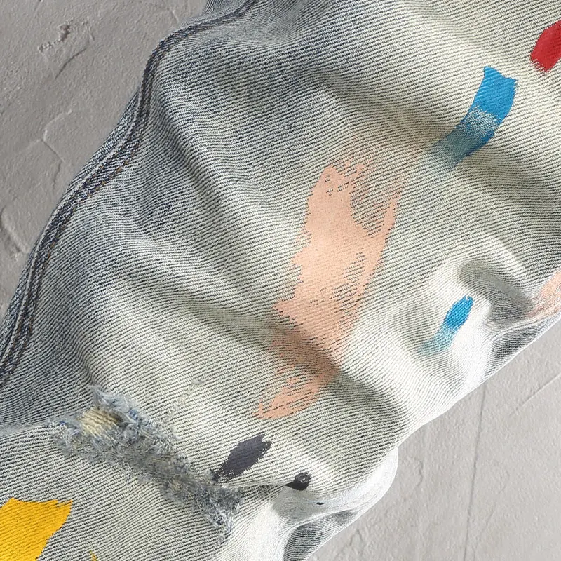 Street Fashion Men Jeans Retro Washed Blue Elastic Stretch Slim Fit Ripped Painted Jeans Men Hip Hop Vintage Denim Pants Hombre