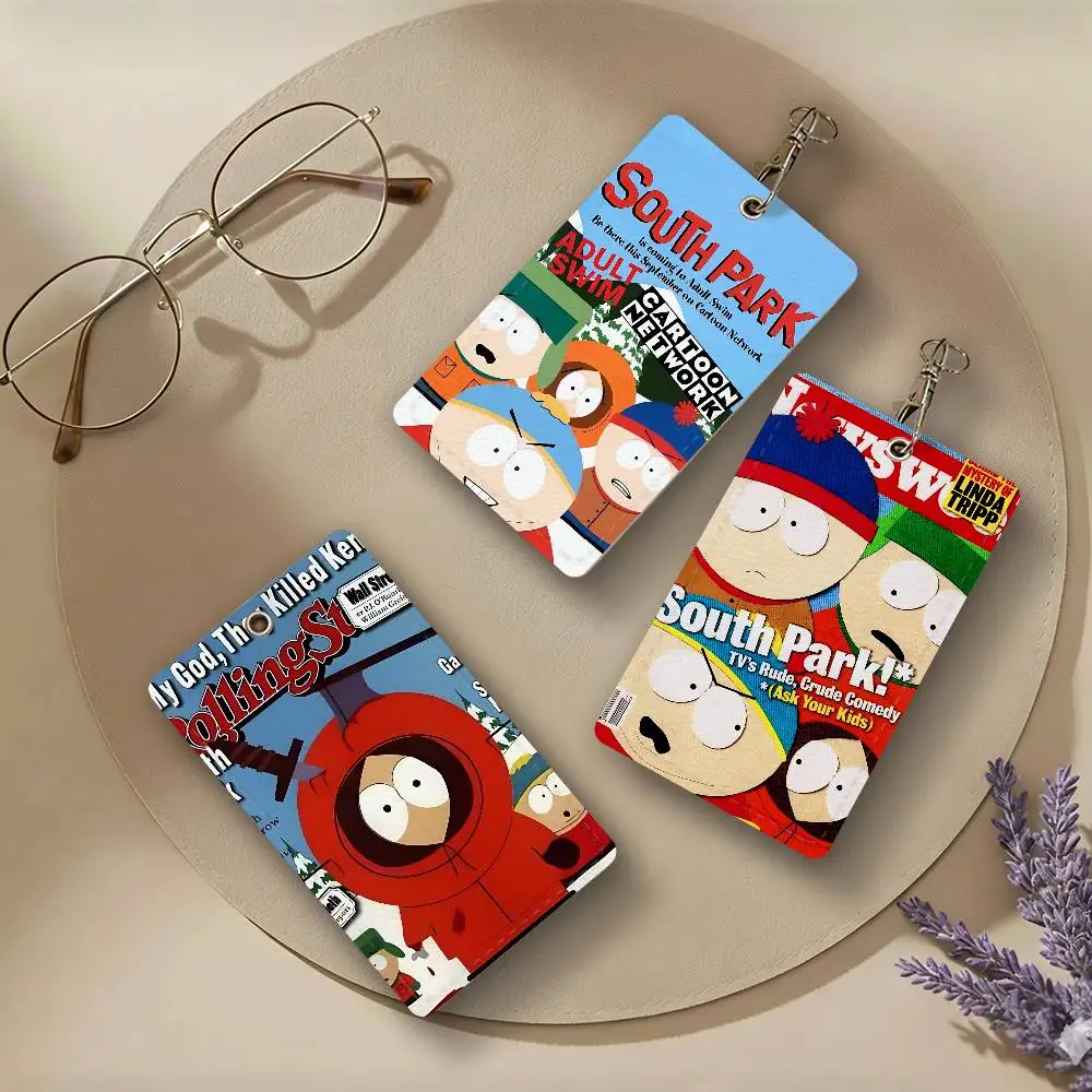 Cartoon S-South Comedy P-Park PU Leather Card Holders Anti-lost Student ID Protective Cover Cases Campus Access Cards Key Chain