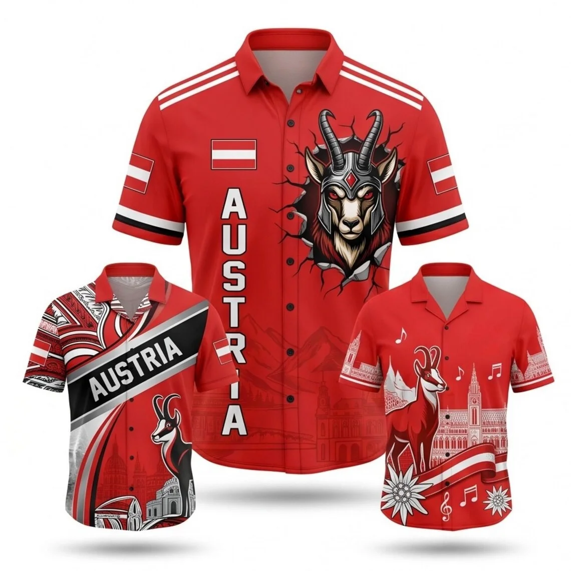 Austria Hawaiian Shirts Trio, Red Soccer Fan Outfit Alpine Goat Flag Landmark Edelweiss Music