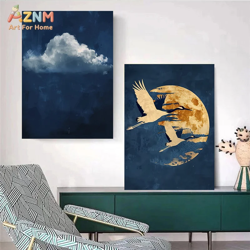 AZNM Vintage Moon Cloud Crane Canvas Wall Art Golden Bird Lightning Abstract Print Modern Home Decor Unframed