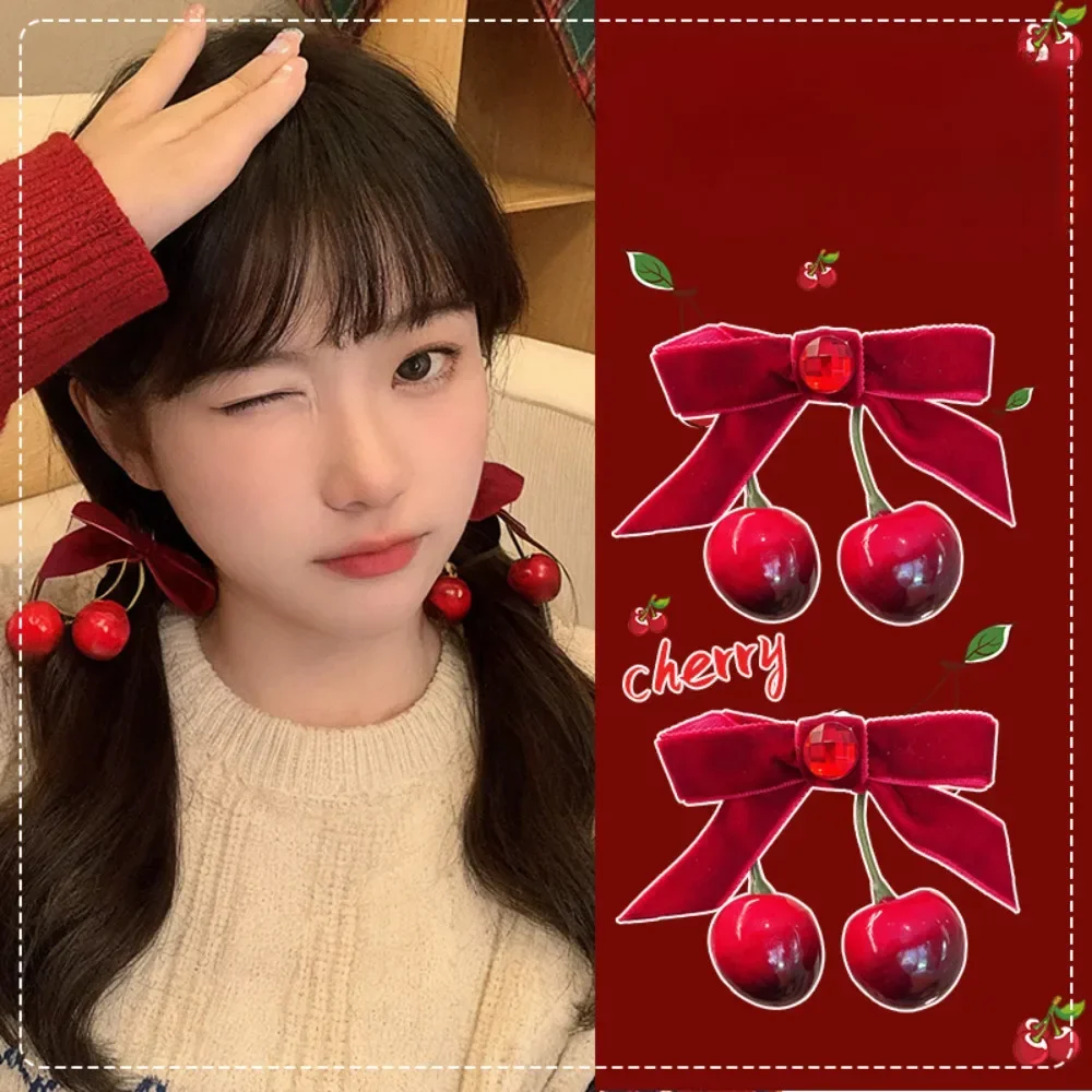 

New Year Red Bow Simulate Cherry Hair Clips for Women Cute Sweet Girl's Hairpin Bangs Ponytail Hairs Clip Headressing