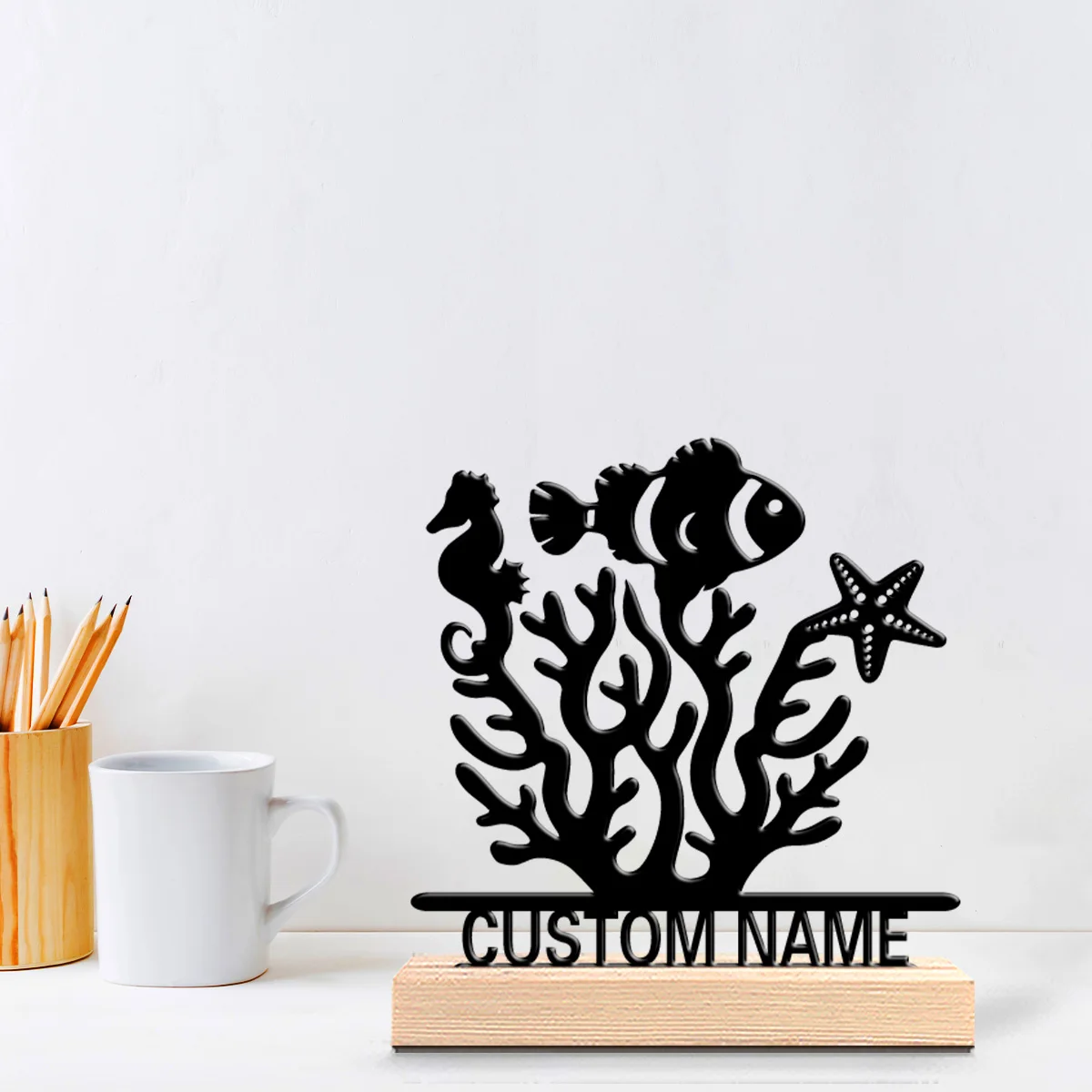 1pc Minimalist Marine life Custom Name Tin Statue Metal Ornament Art Figurine With Wood Base Iron Sculpture For Home Desk Decor
