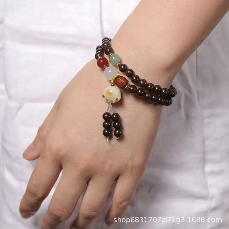 High-density blood sandalwood DIY Chinese retro double-loop bracelet ins niche design versatile cultural accessory pray