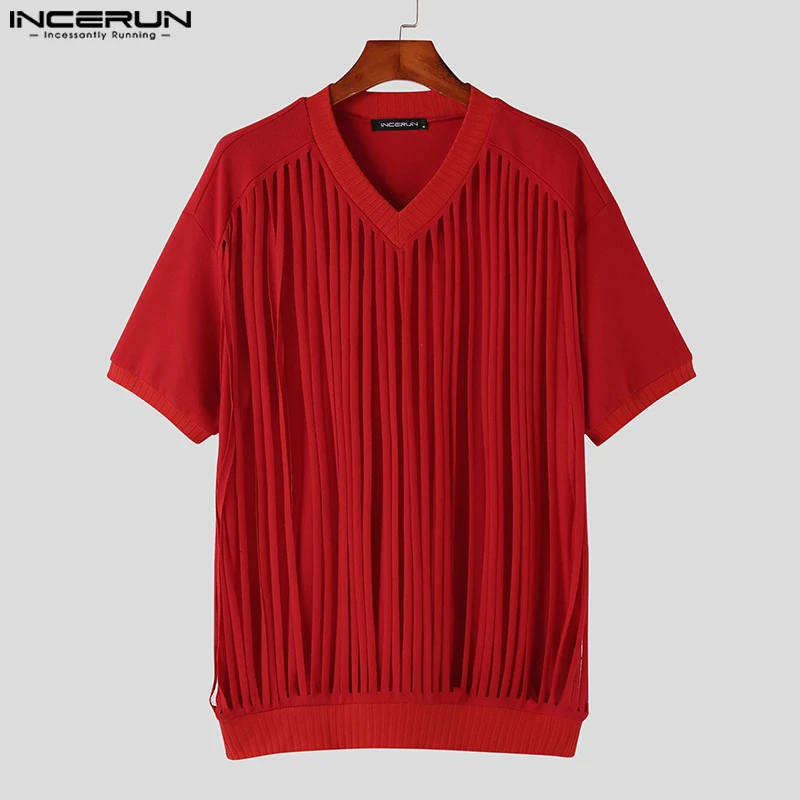 Fashion Casual Style Tops INCERUN Men Short Sleeved Knitted V-neck Printed T-Shirts Sexy Comfortable Hot Selling Hollow Camiseta