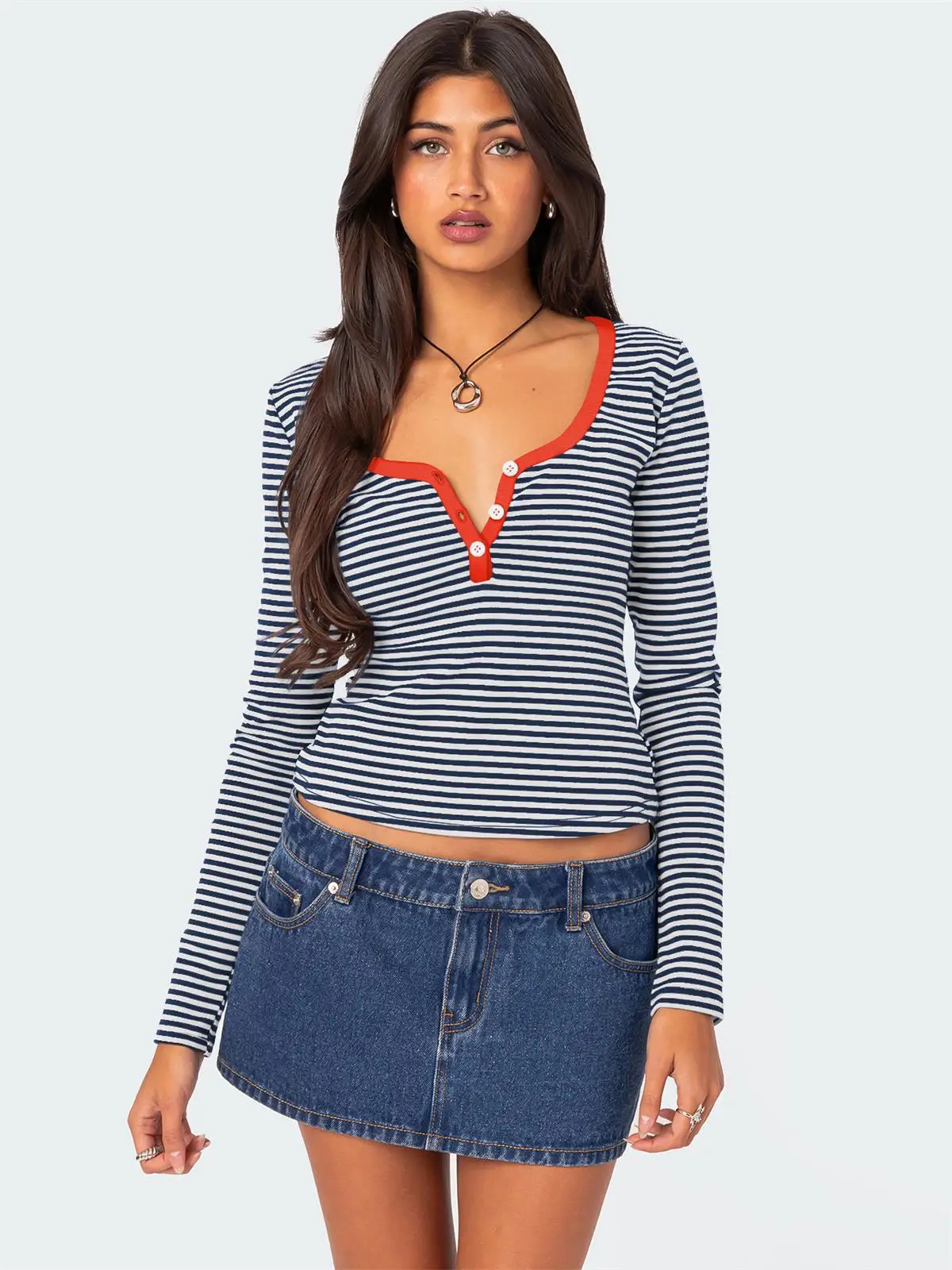 New Color Blocking Striped Henley Long Sleeve Tops Button Front Ribbed Knit Crop Top for Y2K Casual Style