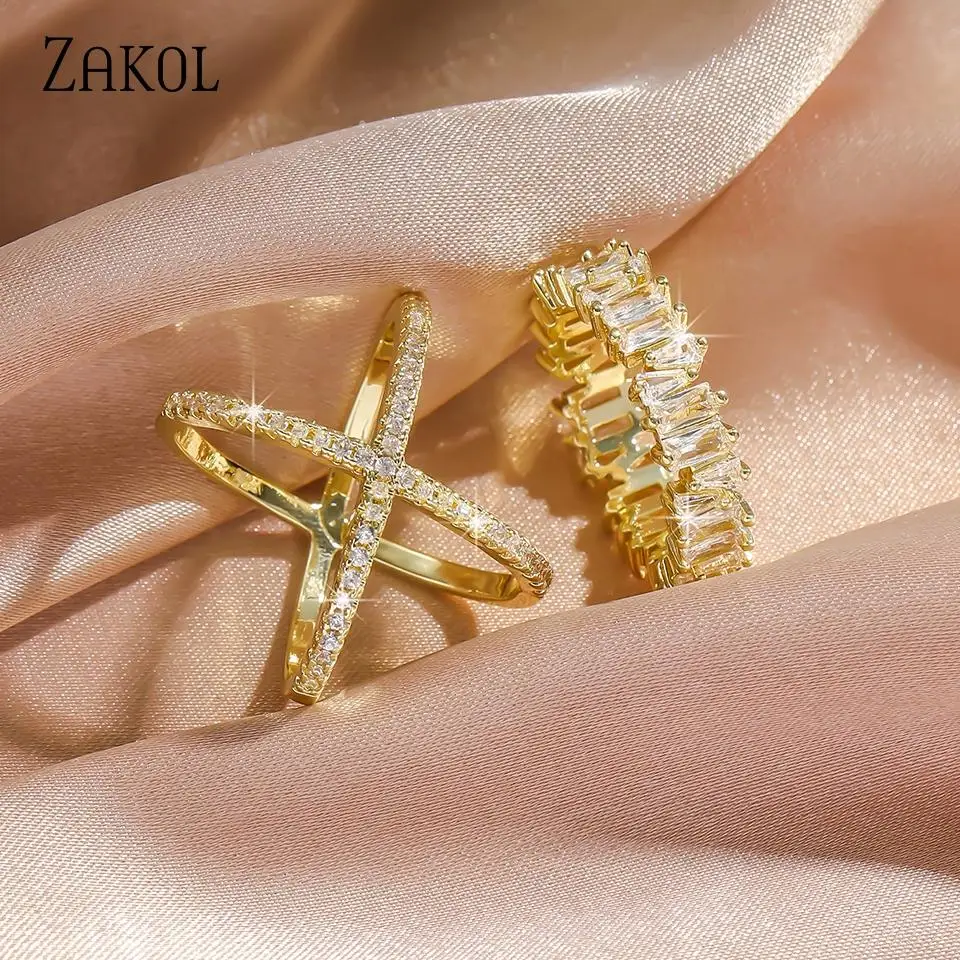 ZAKOL Personalized Irregular Hollow Micro-inlaid Zircon Ring Two-piece Set For Women Simple Fashion Daily Versatile Gift Jewelry
