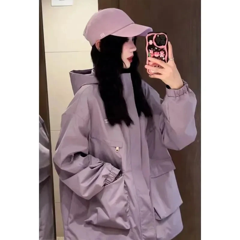 American Style Outdoors Women Leisure Hooded Double Layer Jacket Autumn Female Loose Zipper Solid Color Lined windbreaker Coat