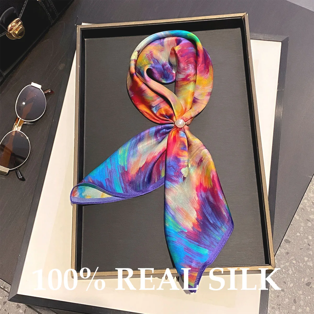 

100% Pure Silk 53cm Square Scarf Spring Summer Women Hairband Office Neck Scarves Print Luxury Neckerchief Bandana Foulard Shawl