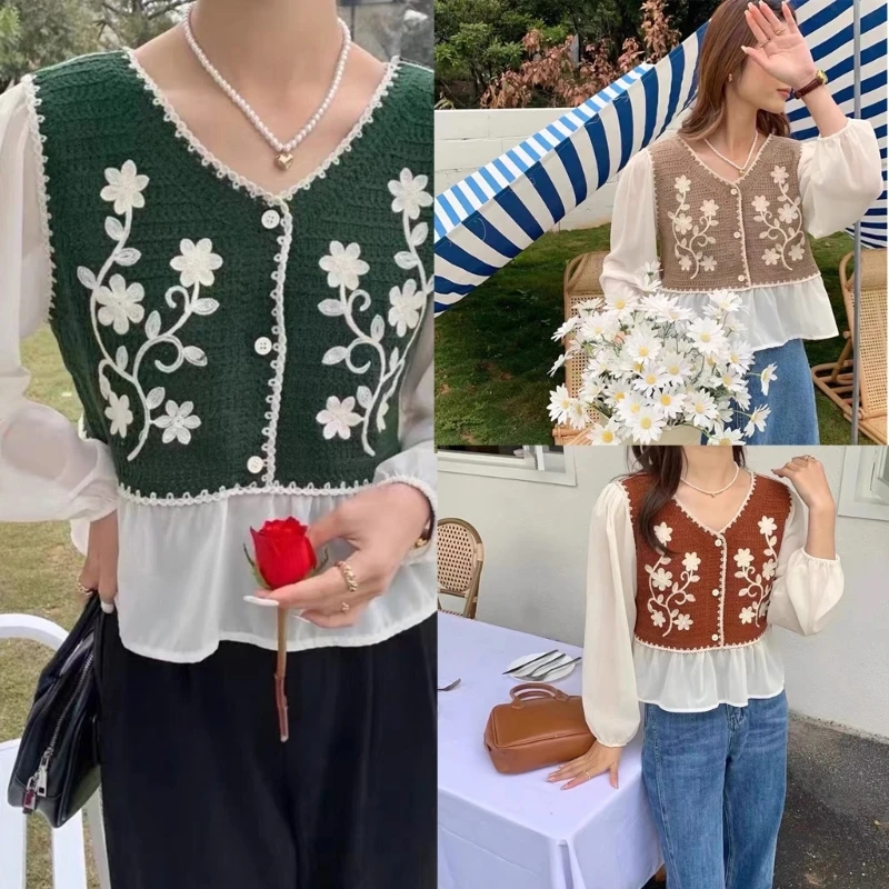 Women Vintage Crochet Knit Floral Blouses Puff Long Sleeve Ruffle Hem Peplum Tops V-Neck Button Up Loose Shirts