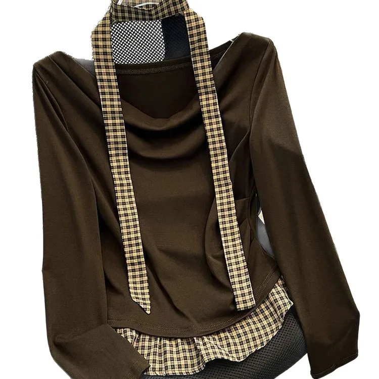 New Women's Autumn and Spring Casual Age-Reducing Waist-Cinching Fake Two-Piece Spliced Flutter Sleeve Long-Sleeve T-Shirt