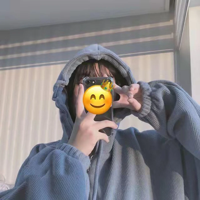 American retro spicy girl oversized hoodie spring and autumn women's blue plush thick winter trendy top