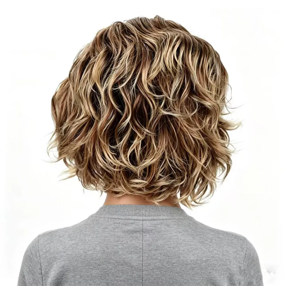 Short Curly Wig for Women Ombre Brown Blonde High Temperature Synthetic Hair Wig Natural Looking Bob Wigs with Bangs Daily Party