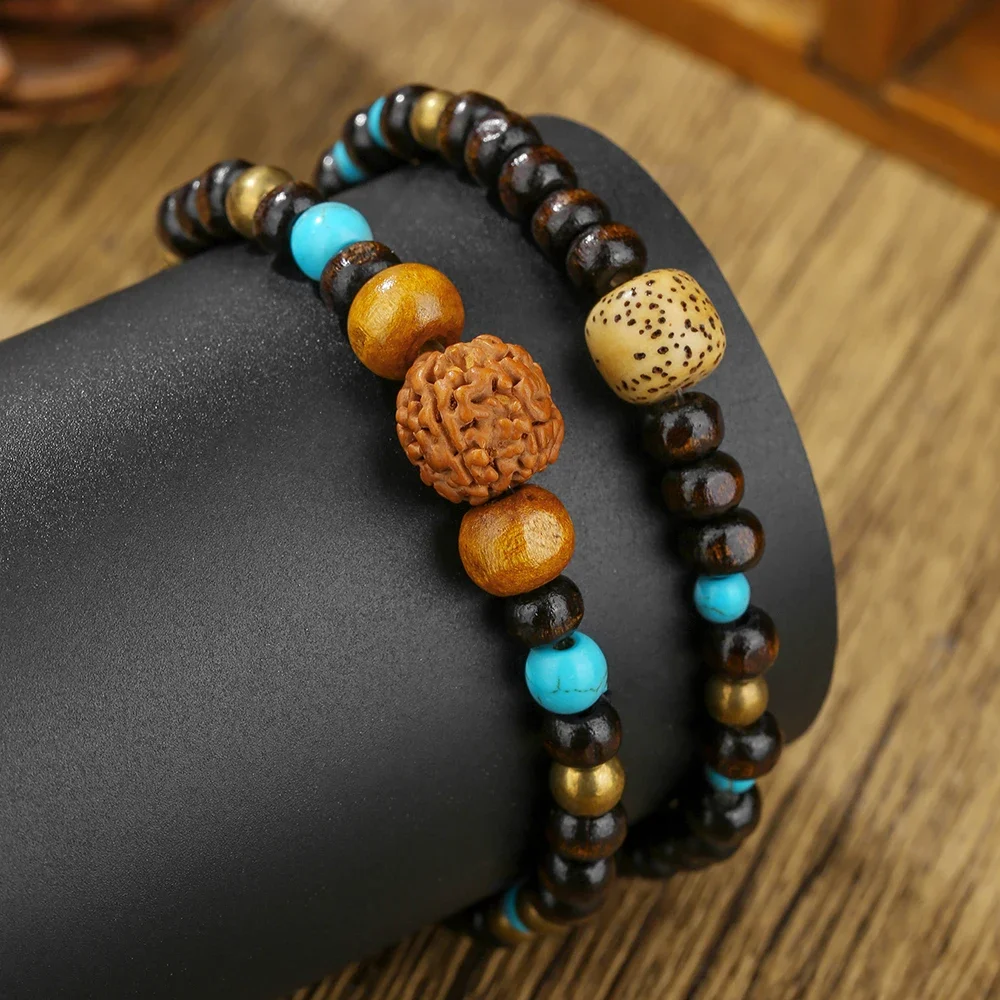 

Vintage Natural Stone Walnut Beads Bangle Bracelet For Women Men Double Layer Design Hand Jewelry Fashion Accessory