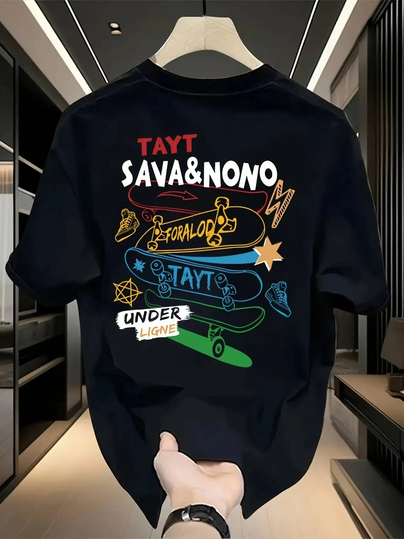 Men's Printed T-Shirt With Bold Letters And Skateboard Patterns Loose Short-Sleeved Summer Street Style Trend 100% Cotton Trendy