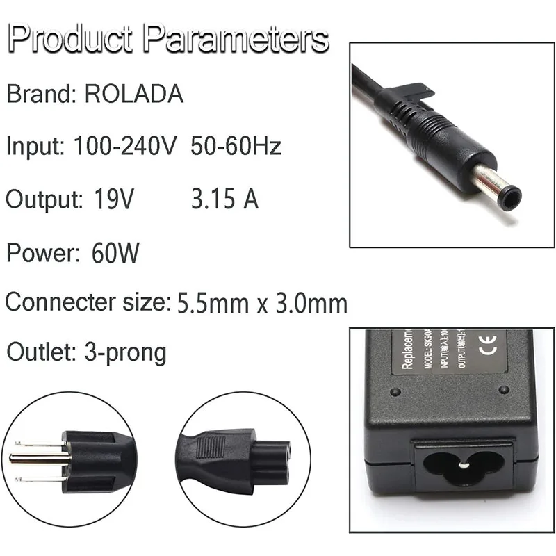 19V 3.15/3.16A AC Power Adapter Charger for Samsung AD-6019R 0335A1960 CPA09-004A Q430 QX410-S02US RV510-A02 QX410 Q430 P560