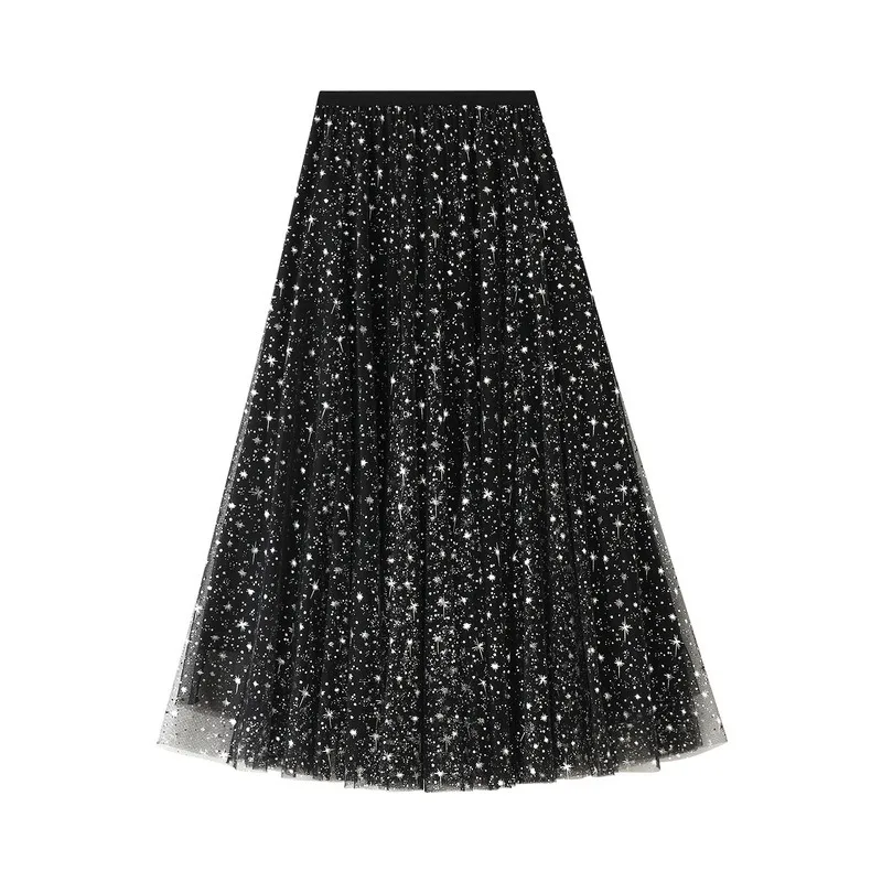 Women Starry Sky Mesh Tutu Skirts Sequin Glitter Layered Tulle A-Line Chic Elegant Puffy Mid Length SkirtStreetwear
