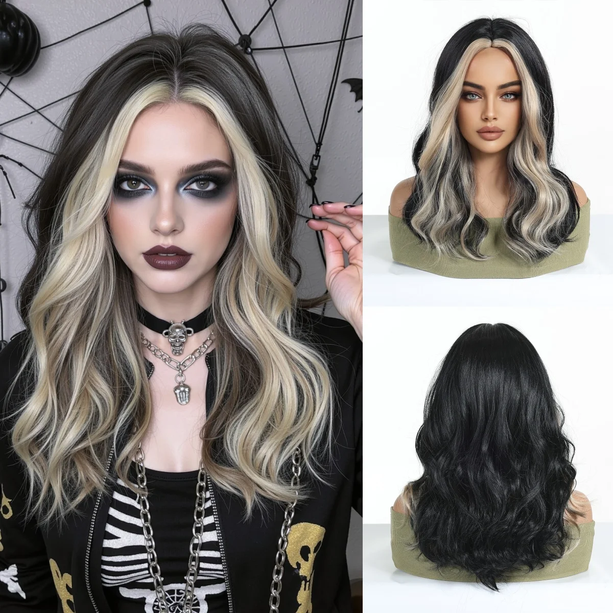 

Black Platinum Highlighs Synthetic Wavy Wig Bangs Medium Length Natural Cosplay Helloween Party Hair Heat Resistant for Women