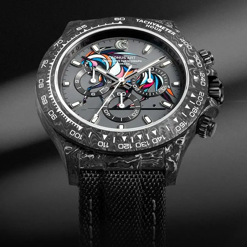 CRONUSART Men Chronograph Watch Carbon Fiber Automatic Mechanical Wristwatch Luminous Sapphire Triple Windows Horse Year Dial